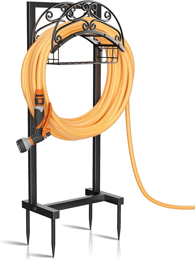 Garden Hose Holder - Upgraded Water Hose Holder Stand with Storage Basket Holds 151ft, Heavy Duty Freestanding Garden Hose Hanger Storage Rack for Outside Yard Lawn Farm