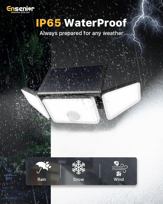 Ensenior Solar Lights Outdoor Motion Sensor, 220 LED High Brightness, 3 Head 270° Wide Angle Flood Lights, Remote Control Security Lights with 4 Modes, IP65 Waterproof Wireless Wall Light, 2 Pack
