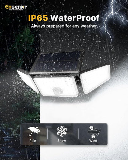 Ensenior Motion Sensor Outdoor Lights, 220 LED IP65 Waterproof Solar Security Light with Remote Control, 3 Heads Solar Flood Light Outdoor with 4 Modes, 270° Wide Angle Motion Light for Outside -4Pack