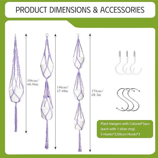 XXXFLOWER 3 Pack Macrame Plant Hanger Indoor Set with Hooks Handmade Woven Cotton Rope Flower Pot Crochet Plant Holder Stand Boho Plant Decor Hanging Planter Baskets Set of 3 with Beads Purple