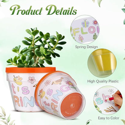 Meanplan 24 Pcs Spring DIY Flower Pots, Color Your Own Flowerpots Bulk Colorful Plastic Garden Pot Crafts Painting Kit for Adults DIY Art Projects Fun Activities