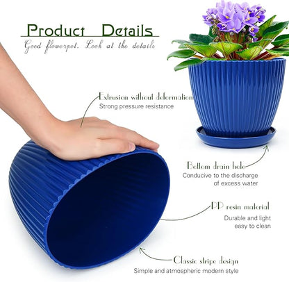 Plant Pots Indoor with Saucers & Drainage - 6 Pack Flower Pots - Plastic Planters for Indoor Planter - 7.5/6.6/5.8/5.0/4.3/3.5 inches Sizes for All Different Types of Plants-Dark Blue