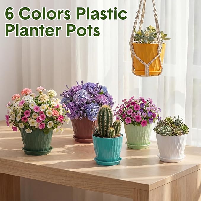 24 Pack 4 Inch Plant Pots Bulk Small Pots for Succulents Waffle Texture Plastic Planter with Drainage Holes and Saucers for Indoor Outdoor Plants Flowers, Seedlings (Multiple Colors)