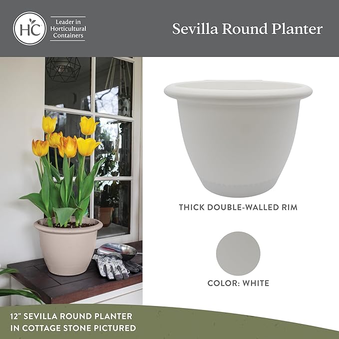 The HC Companies Sevilla Flower Planters - Outdoor & Indoor Planter - Round Self Watering Plant Pots for Herbs & More (9”, White, Pack of 2)