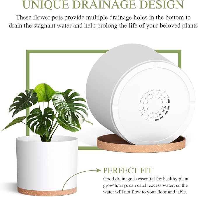 (3 Pack) 10 Inch Plant Pot with Drainage and Saucers, 10/9/8 Inch Plastic Plant Pots for Indoor Plants, Modern Round Planter Set for Flowers, Herbs, Garden Decor (White-Brown)