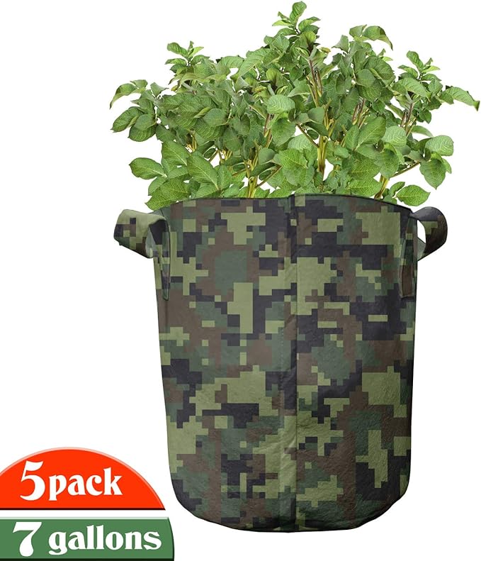 Lunarable Camouflage Grow Bags 5-Pack, Pixel Woodland Camo Art, Heavyduty Fabric Pots with Handles for Plants, Green Cocoa