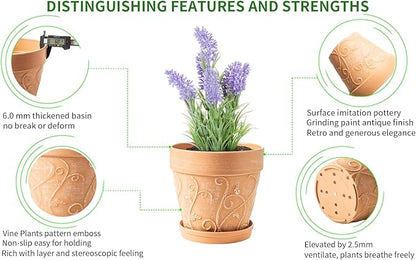 Melphoe Plant Pots Indoor with Drainage & Saucer, 2Pack 8 inch Flower Pots Outdoor Planters for Indoor Plants Garden Home Decor Cactus Succulent, Rigid Plastic (Imitation-Terracotta) Vine-Embossed
