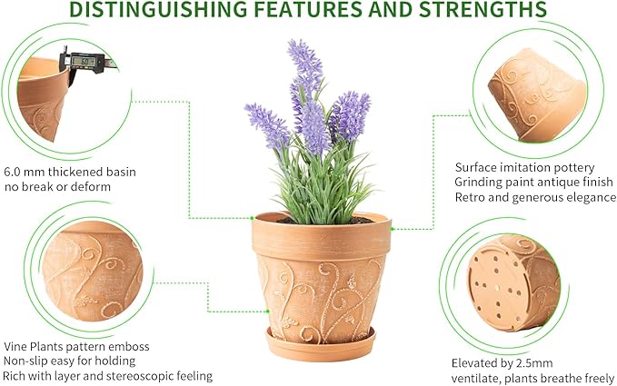 Melphoe Plant Pots Indoor with Drainage & Saucer, 2Pack 7/8 inch Flower Pots Outdoor Planters for Indoor Plants Garden Home Decor Cactus Succulent, Rigid Plastic (Imitation-Terracotta) Vine-Embossed