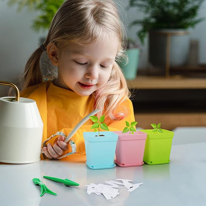 120 Pack Mini Plastic Planters 3 Inch Flower Seedling Nursery Pots with Pallet Colorful Square Flower Plant Pots Seed Starting Pots with Labels and Tools for Home Garden Flowers Plants,6 Colors