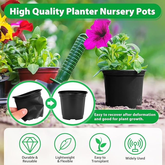 Sfee 100 Pack Plant Nursery Pots 4 inch Plastic Plant Pots, Durable Reusable Seed Starting Pots for Succulents Plants Vegetables Fruits Seedlings Cuttings Transplanting with 100 Plant Labels (Black)