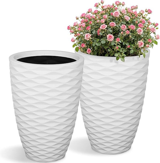 19" H Coastal Planter for Indoor/Outdoor Plants, Set of 2 Large Flower Pot with Drainage Hole, Weather/UV Resistant Resin Planters for Garden Patio Porch Home Office Decor, Matte White Wavy