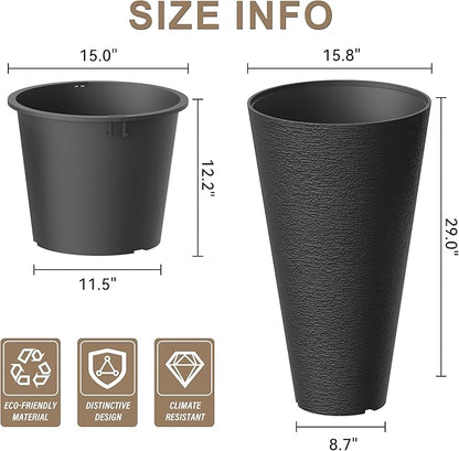 Kante Tall Round Planter Set of 2, 29" H Large Decorative Planter Pots for Outdoor Indoor Garden Patio Front Porch (Black)