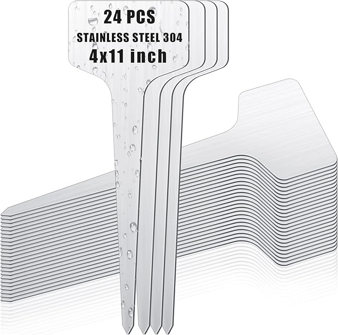 Hicarer 24 Pcs Metal Plant Labels Weatherproof Garden Markers 4" x 11" Engraving Stainless Steel 304 T-Type Plant Tags Reusable Nursery Tags for Outdoor Garden Greenhouse Vegetables Herb Flower Seed