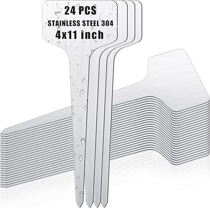 Hicarer 24 Pcs Metal Plant Labels Weatherproof Garden Markers 4" x 11" Engraving Stainless Steel 304 T-Type Plant Tags Reusable Nursery Tags for Outdoor Garden Greenhouse Vegetables Herb Flower Seed
