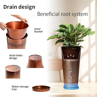 28in Tall Copper Planters Set of 2,Galvanized Steel Tall Outdoor Planter for Indoor/porches- Copper Color(2planters,2inner pots with Holes,2trays)