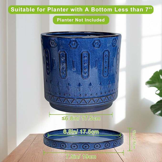 Plant Water Catcher Tray - Ceramic Plant Saucer for Outdoors 7.5 Inch Plant Pot Saucer Plant Drip Tray for Potted Plants Drainage Decorative Round Flower Pot Saucer Blue