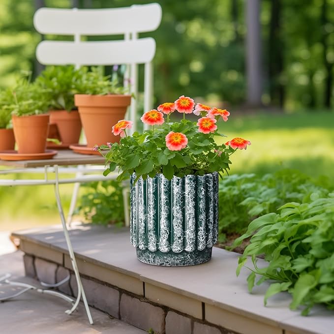 Ceramic Pots for Plants - 9.6 Inch Plant Pot Indoor with Drainage Hole, Large Ceramic Planters for Outdoor, Fluted Round Flower Planter, Home Decor Living Room, Birthday Gifts, Green
