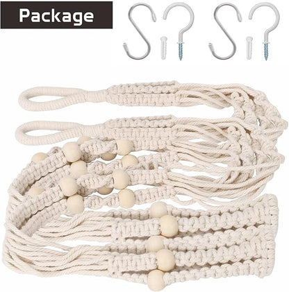 Macrame Plant Hanger 35", Set of 2 No Tassel Hanging Plant Holder, Sturdy Flower Pot Holder with 4 Hooks - Ivory