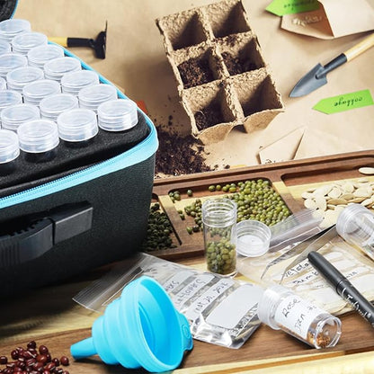 Portable 140 Slots Seed Storage Organizer, Large Capacity with 25 PCS Zipper Envelopes Bag, Label Stickers, Seed Storage Container for Flower Plants Garden (Black)