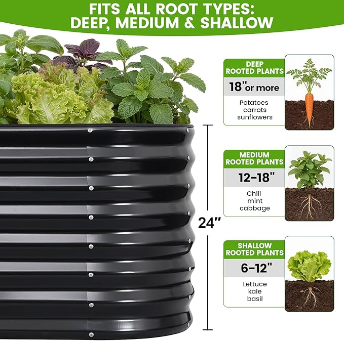 Galvanized Raised Garden Bed Outdoor 24'' Deep | Oval Metal Garden Beds with Easy Assembly & Planter Box for Planting Deep Root Vegetables Fruits Flowers, 4x2x2ft Grey 2pcs