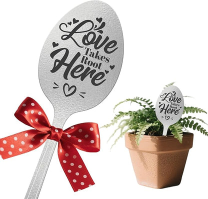CUTHOLLOW Garden Plant Marker Love Takes Root Here, 2pc Metal Spoon Labels for Outdoor Waterproof - Friendship Gifts for Gardeners Woman, Decorative Garden Plant Tags