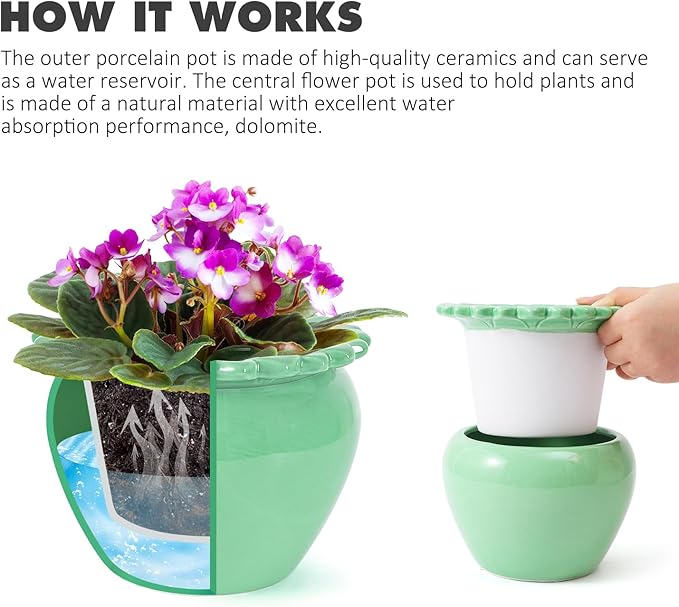 African Violet Flower Pot Ceramic Self Watering Planter Pot 6.5 * 4.6 * 4 inch Simple Plant Self Watering Pot Green Indoor Flowers High Absorption Herbaceous Flower Pots Modern