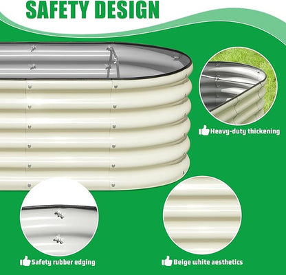 SnugNiture 4x2x1.5ft Raised Garden Bed Outdoor, 17" Tall Galvanized Metal Planter Box, Oval Raised Garden Bed Kit for Planting Vegetables Plants Fruits, Beige White