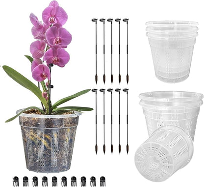 Orchid Pots, 6 Pack 4.3" Orchid Pots with Holes and 10Pcs Plant Stakes, Clear Plastic Plant Pot for Indoor Outdoor Plants(6 Pack 4.3")