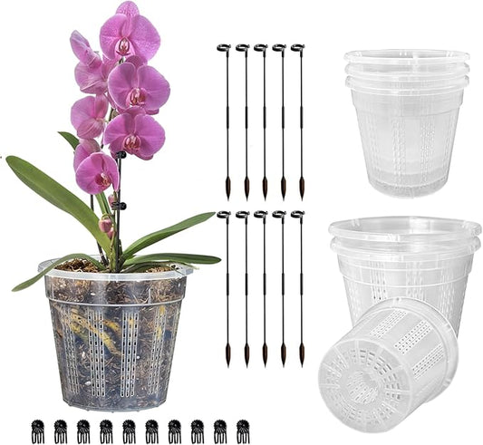 Orchid Pots, 6 Pack 4.3" Orchid Pots with Holes and 10Pcs Plant Stakes, Clear Plastic Plant Pot for Indoor Outdoor Plants(6 Pack 4.3")