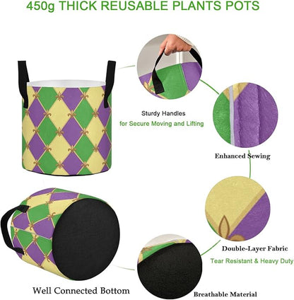 3 Gallon Mardi Gras Fleur De Lis Plaid Pattern Breathable Grow Bag Thickened Plant Pot Containers Bag with Handles for Garden Potato Tomato Flowers Fruits Vegetables