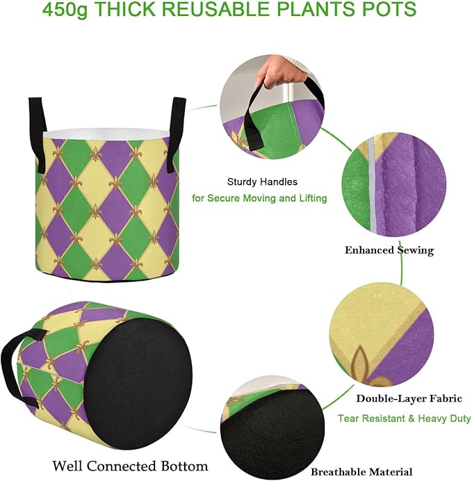 10 Gallon Mardi Gras Fleur De Lis Plaid Pattern Breathable Grow Bag Thickened Plant Pot Containers Bag with Handles for Garden Potato Tomato Flowers Fruits Vegetables
