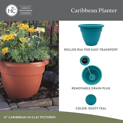 The HC Companies 10 Inch Caribbean Planter Pots with Drainage & Plug, Rolled Rim Plastic Planters for Indoor & Outdoor Plants, 2-Pack Decorative Flower Pots for Garden, Office & Home Decor, Dusty Teal