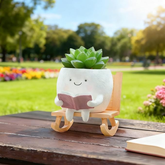 Adorable Smiley Face Reading Flower Pot, Unique Rocking Chair-Style Resin Plant Pot with Drainage Holes, Suitable for Indoor/Outdoor Planting and Home Decor (A)