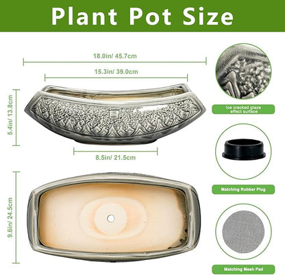 Bonsai Pots 18 Inch - Ceramic Succulent Pots, Large Bonsai Planter for Indoor Outdoor Plants, Decorative Plant Pot with Drainage Hole, Ceramic Flower Pot, House Decor, Plant Lover Gifts, Grey