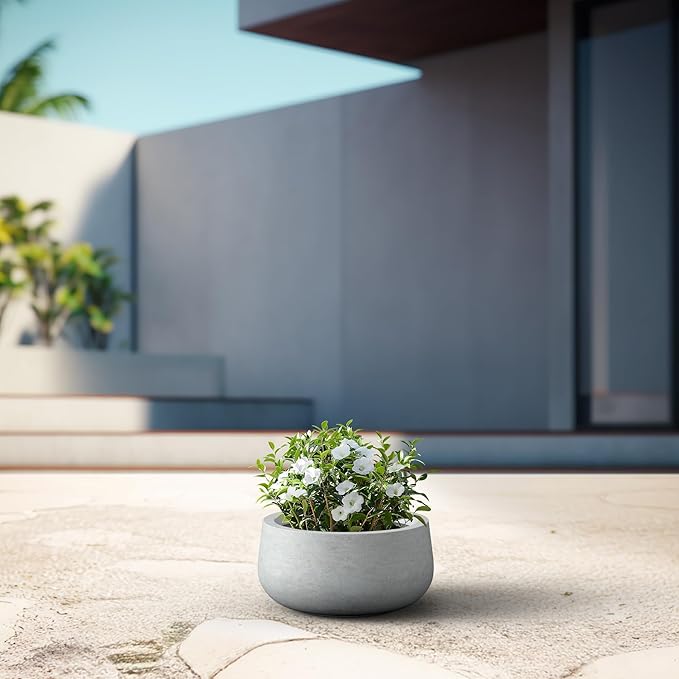 Kante 15.7" Dia Round Concrete Planter, Outdoor Indoor Garden Plant Pots with Drainage Hole and Rubber Plug, Modern Curvaceous Design, Natural Concrete