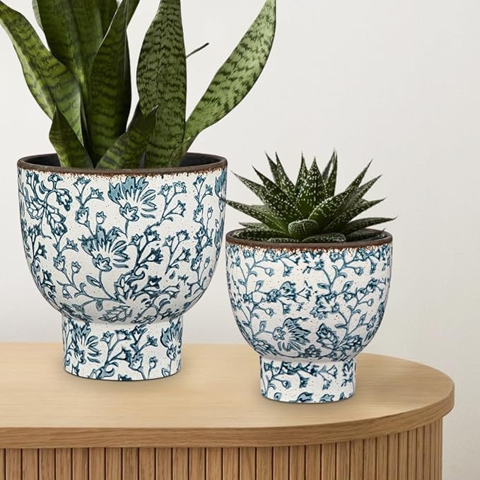 7.6/5.5 Inch Vintage Flower Pot, Blue and White Plant Pot Large Ceramic Planters for Indoor Plants Pots with Drainage Shabby Chic Planter Pots for Succulents Cactus Herb Snake Plants Outdoor Garden