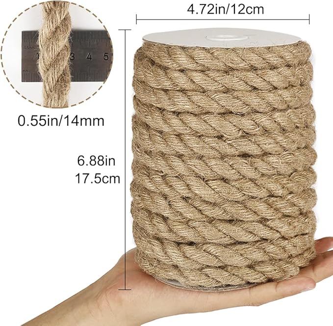 Tenn Well 1/2 inch Jute Rope, 33 Feet 14mm Thick Twine Rope for Crafting, Gardening, Home Decor, Farmhouse Decor, Cat Scratching Post