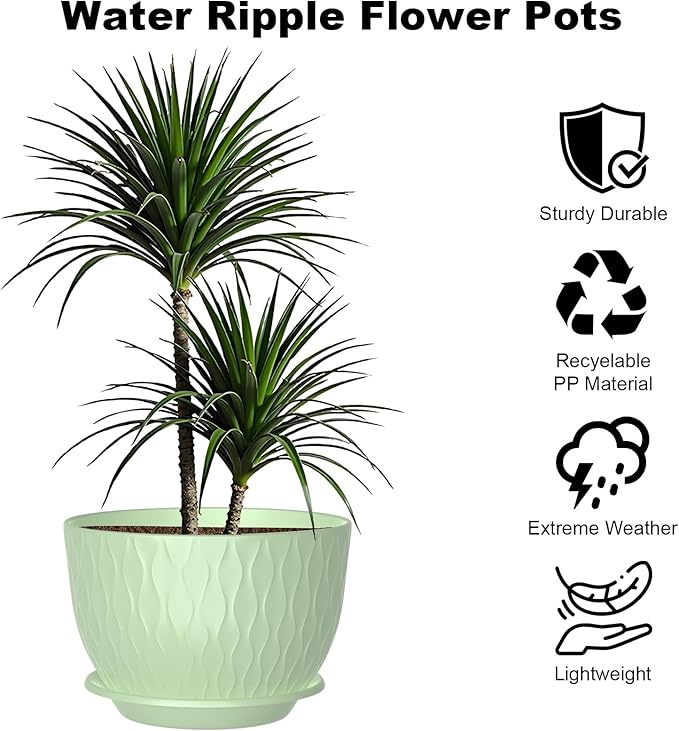 10 inch Large Plant Pots, Flower Pots with Multi-Mesh Drainage Holes and Saucer, Plastic Planters for Indoor and Outdoor Garden Plants (Green, 10")