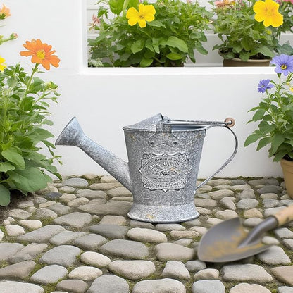 Vintage Metal Watering Can with Wooden Handle, Watering Can for Indoor/Outdoor Plants, Shabby Chic Decor for Home Balcony Courtyard Garden Gray