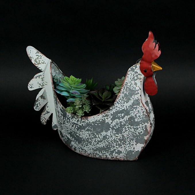 Charming Weathered White Metal Rooster Planter for Indoor and Outdoor Country Farmhouse Decor - Rustic Garden or Porch Accent Measuring 15.5 Inches Long