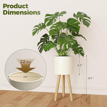 Bamworld Single Plant Holder for Indoor Plants Metal Planter Stand Wooden Leg White Plant Stand Indoor Flower Pot Stand Plant Pot with Stand for Living Room Office Bedroom Decor Modern Home Decor