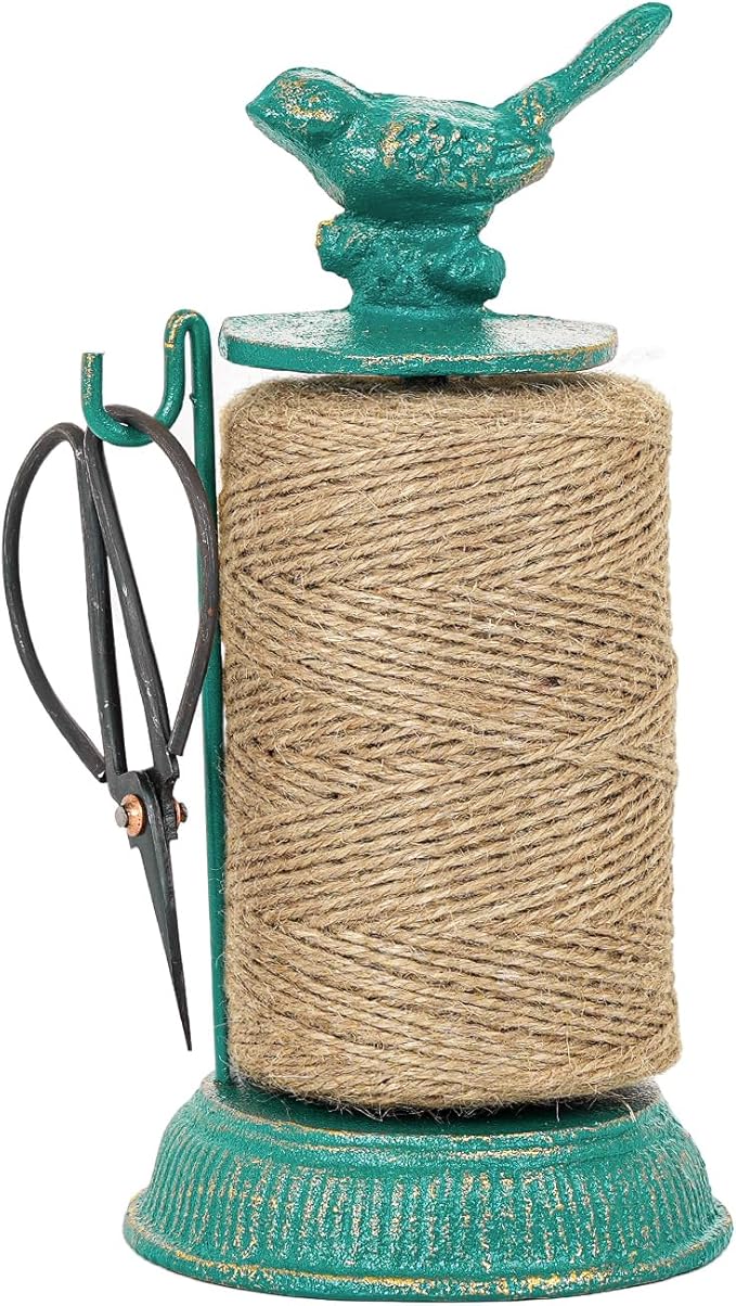 Sungmor Cast Iron Garden Twine Holder Set - 1300ft. Natural Jute Twine String & Rope Rack & Scissors - Decorative & Practical Home Arts Crafts Tools for Picture Display Gift Wrapping Packing Gardening