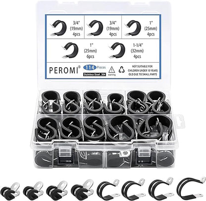 114PCS Cable Clamps Assortment Kit in 8 sizes 1/4" 5/16" 3/8" 1/2" 5/8" 3/4" 1" 1-1/4", 304 Stainless Steel Rubber Cushioned Insulated Loop Pipe Wire Clamps