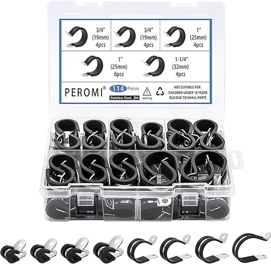 114PCS Cable Clamps Assortment Kit in 8 sizes 1/4" 5/16" 3/8" 1/2" 5/8" 3/4" 1" 1-1/4", 304 Stainless Steel Rubber Cushioned Insulated Loop Pipe Wire Clamps