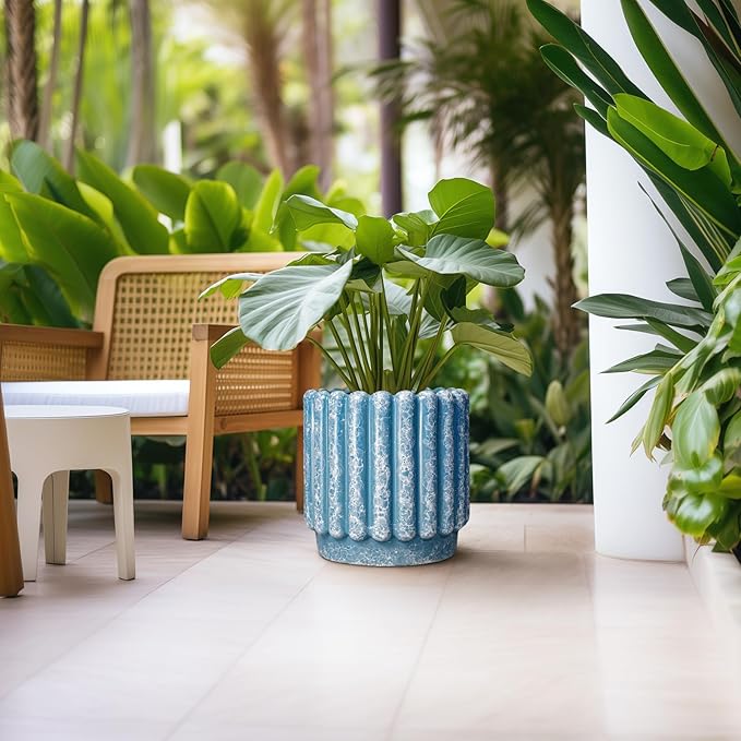 Ceramic Pots for Plants - 12 Inch Planter with Drainage Hole, Round Large Flower Pots for Indoor Plants Outdoor, Fluted Decorative Ceramic Planter, Home Office Decor, Garden Gifts, Blue