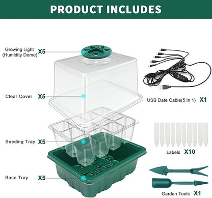 Seed Starter Tray, Plant Propagation Station with Grow Light, Seedling Starter Trays with Timing Controller, Mini Greenhouse Kit with Humidity Domes and Base, Plant Tray for Seeds Growing Starting