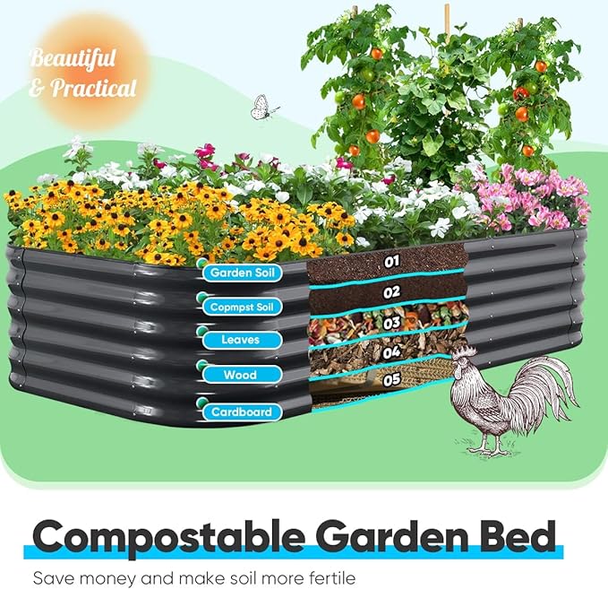 Quictent Galvanized Raised Garden Bed Kit, 8x4x1.5 ft Oval Metal Planter Box Tall for Vegetables Outdoor Backyard, Strengthened by Crossbar, Dark Gray