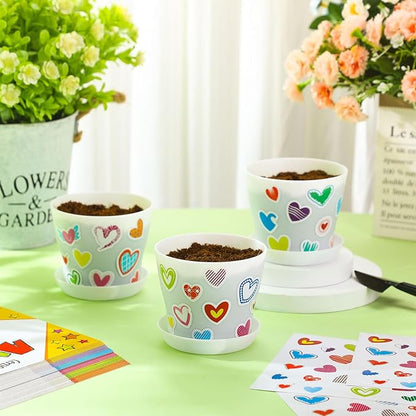 Domensi 30 Pack Spring Crafts for Kids Bulk DIY Flower Pots 4 Inch Plastic Garden Plant Pots Planters with Tray Drainage Holes with 458 Stickers 30 Certificates Cards to Decorate(White)