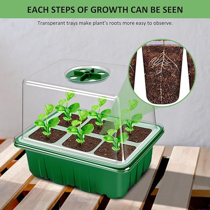 YAUNGEL Seed Starter Tray, 10 Pack 60 Cells Thicken Seed Starting Trays Kit with Large Cell/Heightened Lids/Humidity Dome, Durable Growing Trays Germination Kit for Greenhouse & Gardens, Green