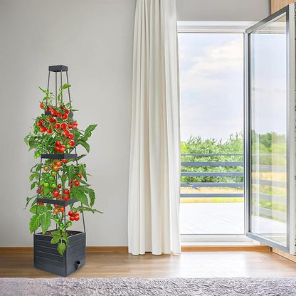 Raised Garden Bed 4 Packs, Planter Boxes with Trellis 58.3'' Tomato Planters for Climbing Vine Vegetables Flowers Plants Self Watering Tomatoes Cage for Outdoor Patio Greenhouse